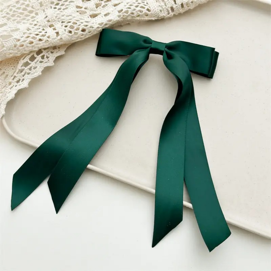 green double bow long ribbon barrette clip