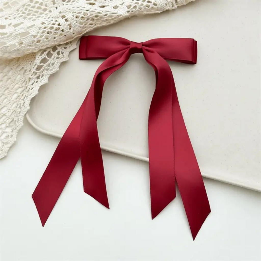 maroon double bow long ribbon barrette clip