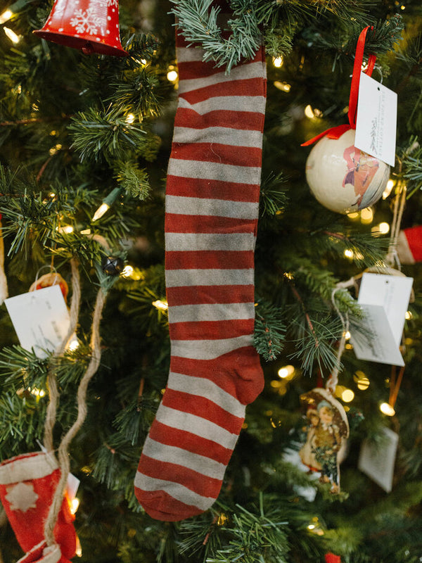 primitive red striped stocking ornament