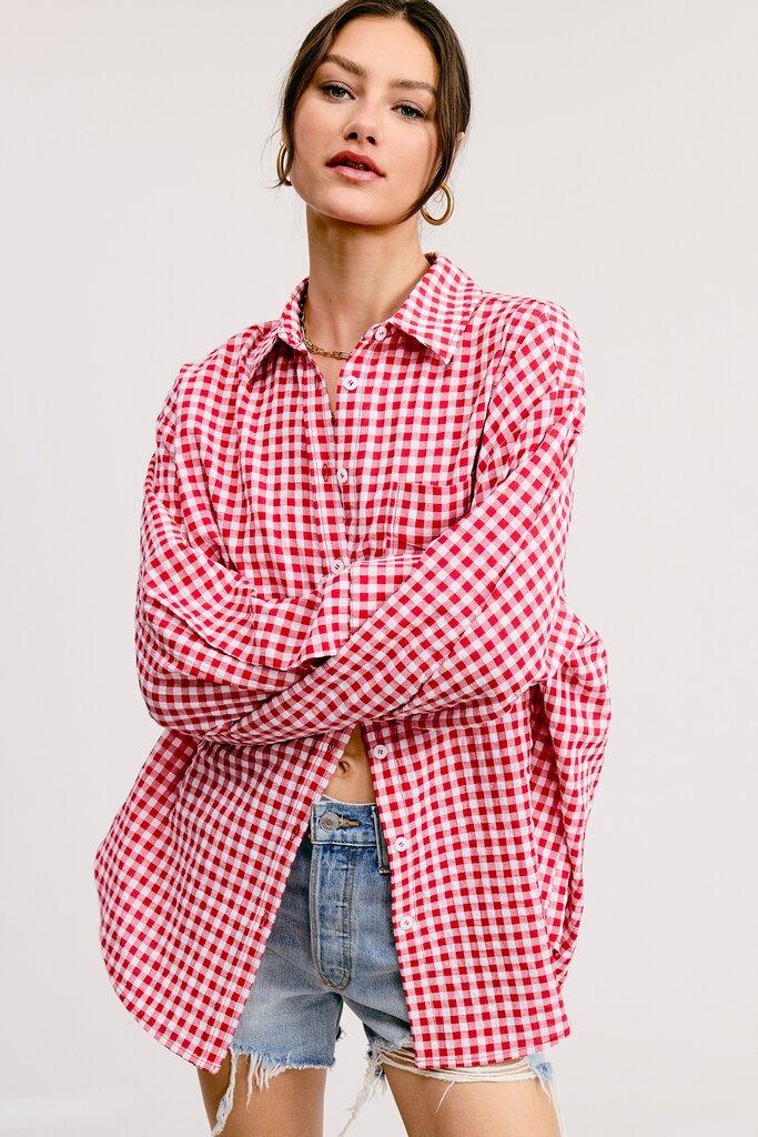 Oversized Ruby Gingham Button Down