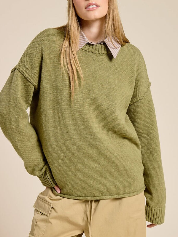 olive sweater with ribbed crew neckline and ribbed sleeve cuffs