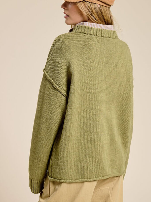 olive sweater with ribbed crew neckline and ribbed sleeve cuffs