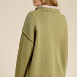 olive sweater with ribbed crew neckline and ribbed sleeve cuffs