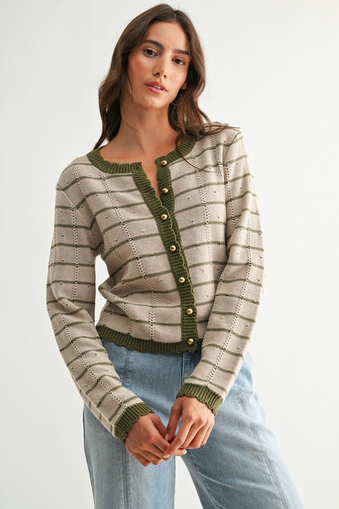 taupe and olive trim button up cardigan