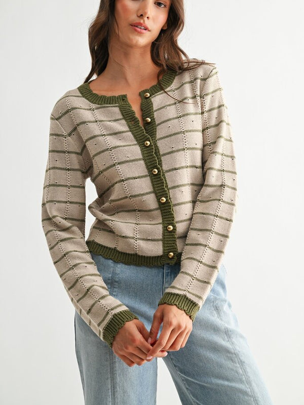 taupe and olive trim button up cardigan