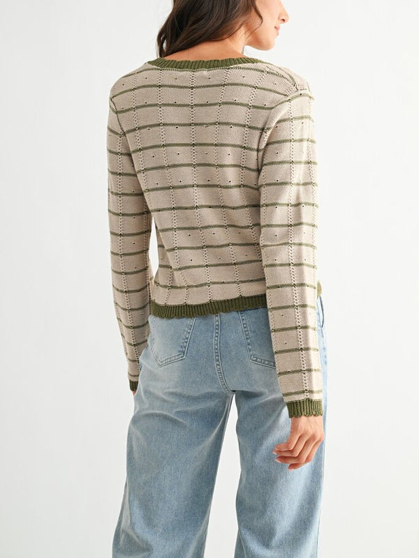 taupe and olive trim button up cardigan