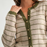 taupe and olive trim button up cardigan