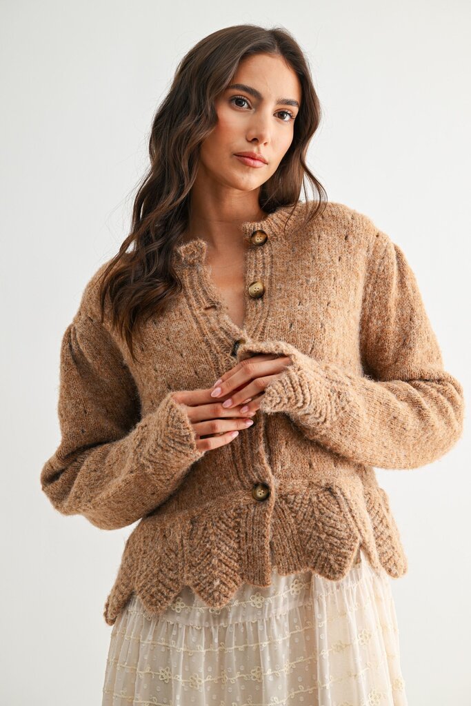 Mocha Wool Blend Cardigan with Scallops