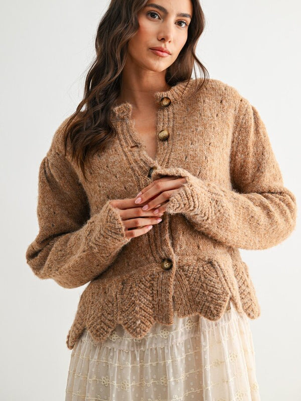 Mocha Wool Blend Cardigan with Scallops