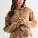 Mocha Wool Blend Cardigan with Scallops