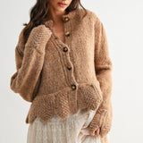 Mocha Wool Blend Cardigan with Scallops