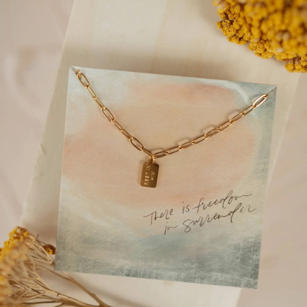 rest in him mini tag necklace