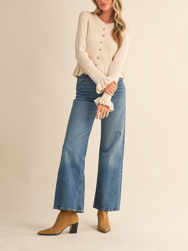 Egg Shell Ruffle Hem Cardigan