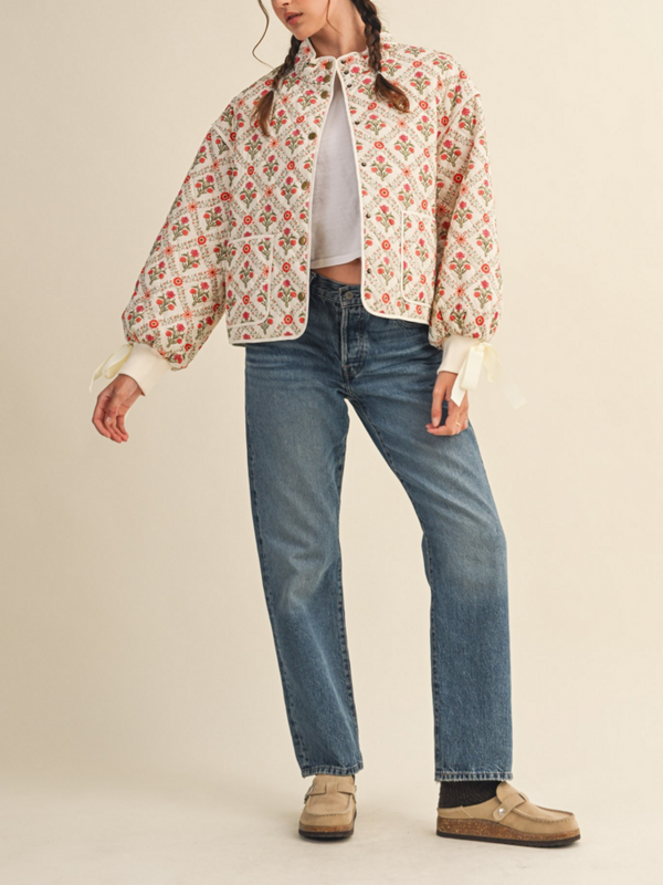 Ivory Red Floral Quilted Jacket With Ribbon Detail