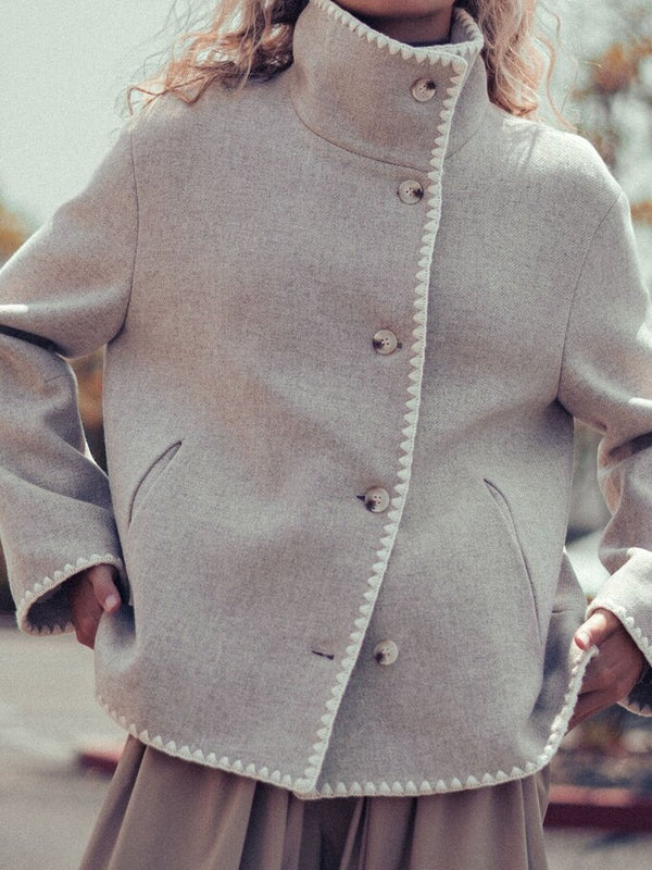 oatmeal embroidered trim collar jacket