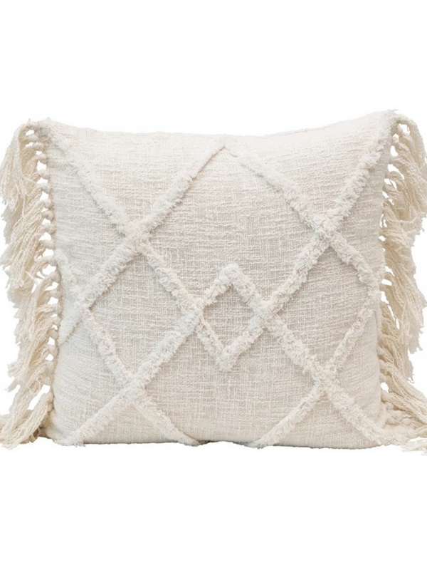 20" cotton bend pillow with fringe in cream