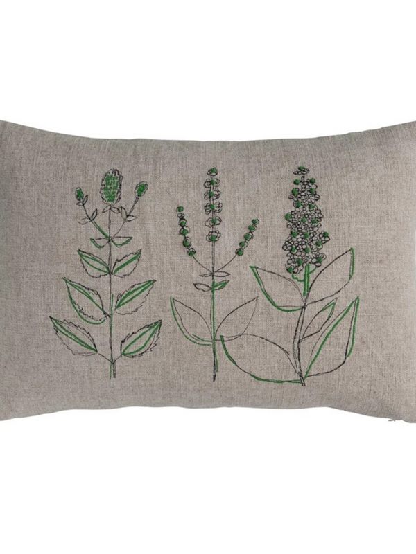 24"L x 16"H Hand-Embroidered Linen Blend Printed Lumbar Pillow