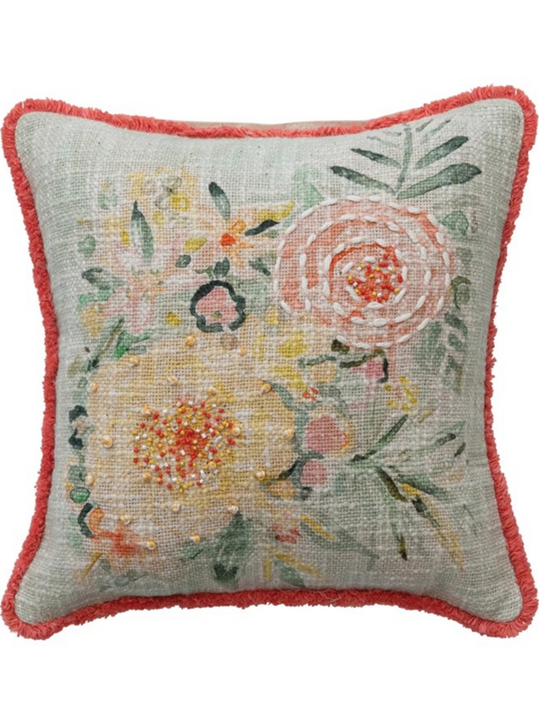Cotton Slub Pillow with Flowers, Embroidery & Eyelash Fringe