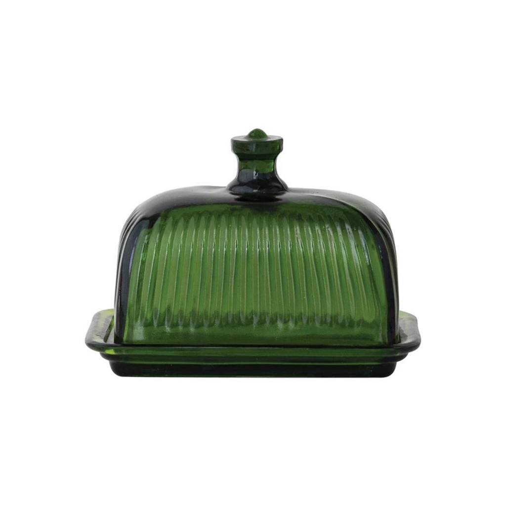 Pressed Glass Green Butter Dish