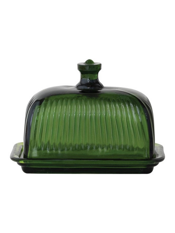 Pressed Glass Green Butter Dish