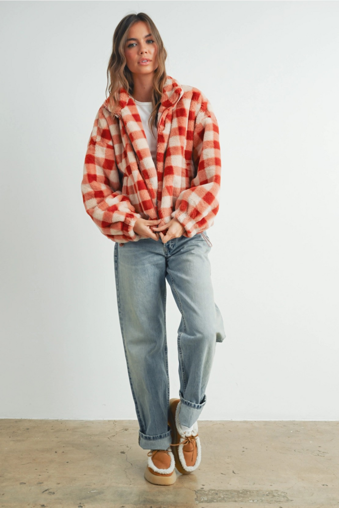 Rust drop shoulder plaid jacket