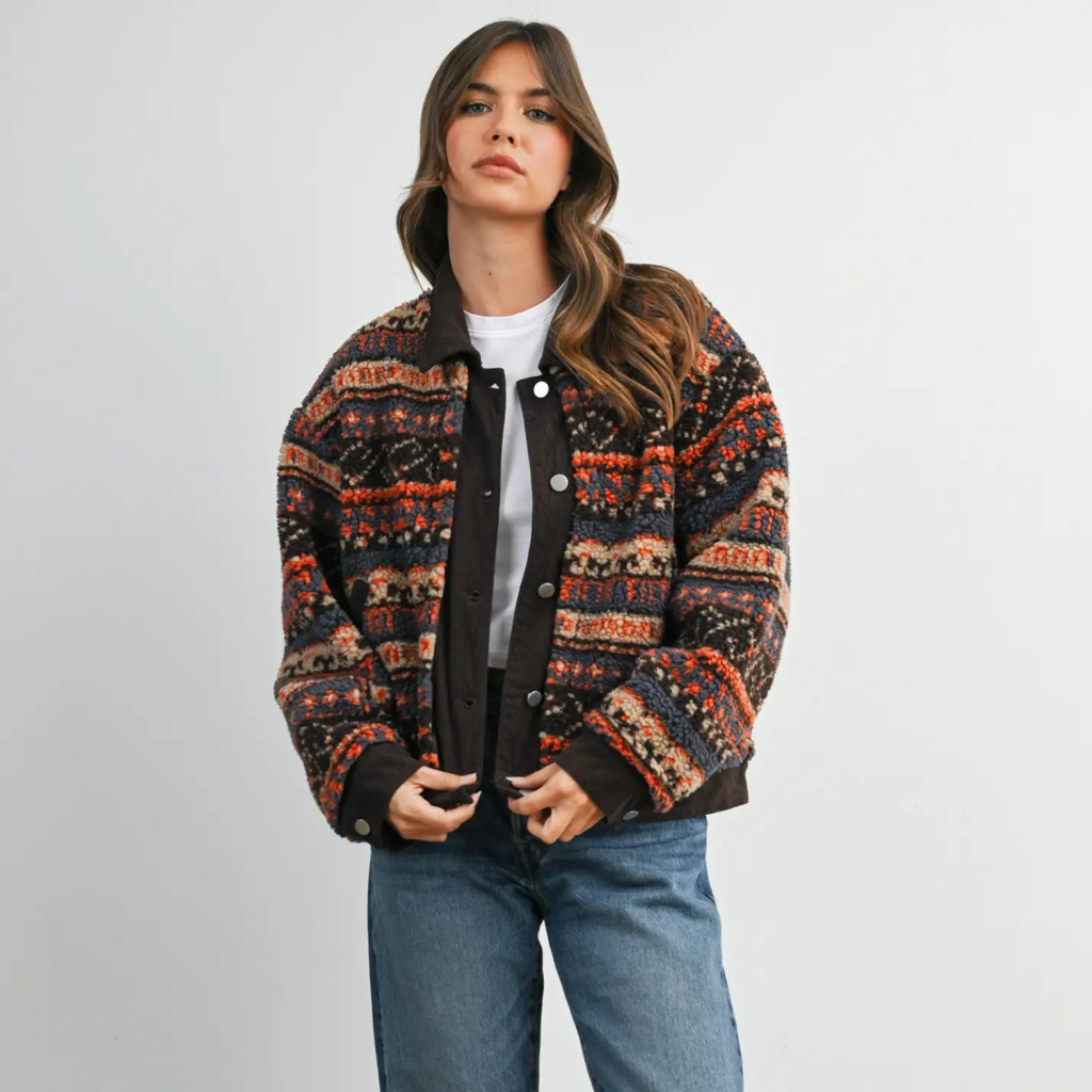 brown patterned fleece jacket