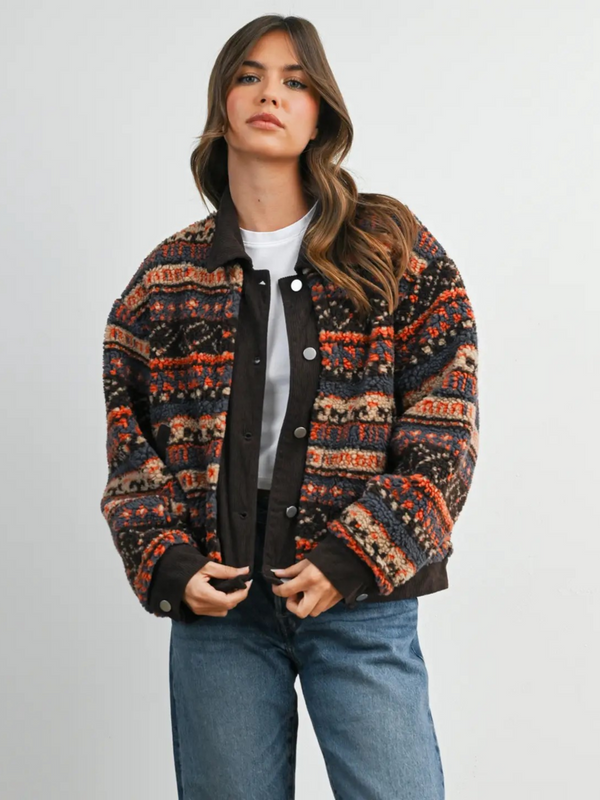 brown patterned fleece jacket