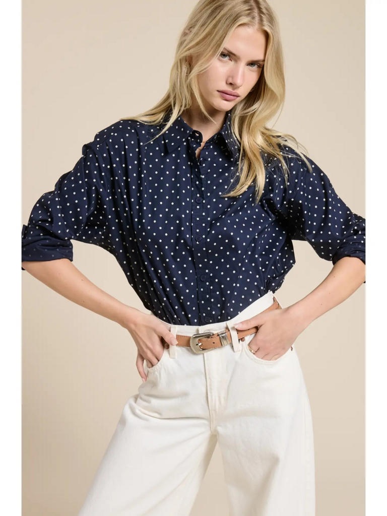 navy polka dot shirt