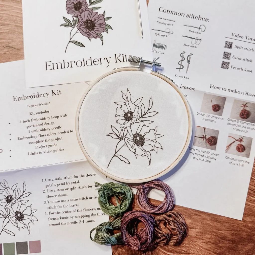 purple flowers embroidery kit