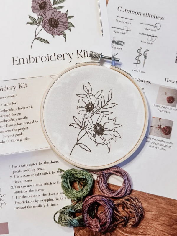 purple flowers embroidery kit