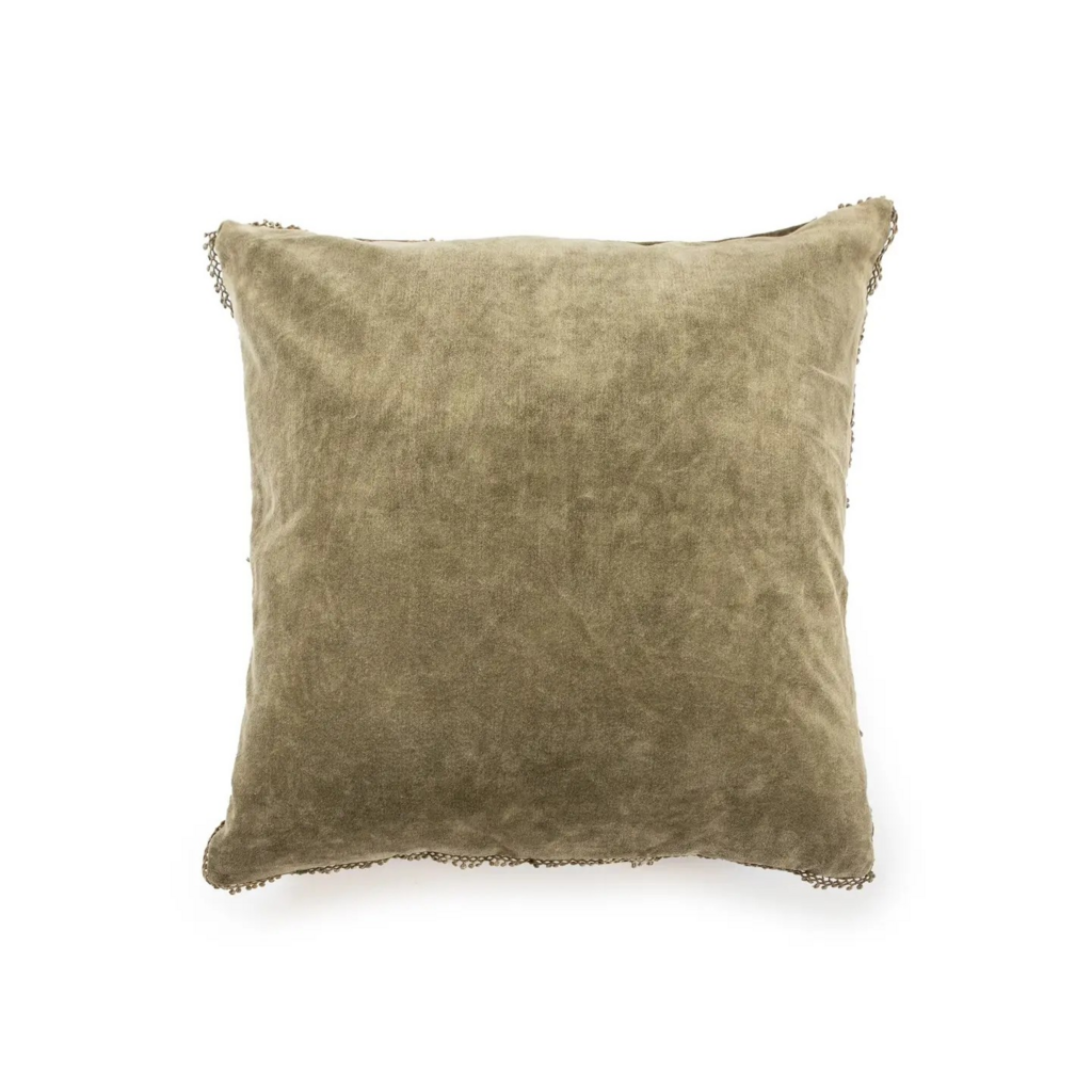 Moss Velvet Pillow with Poms - 22"x22