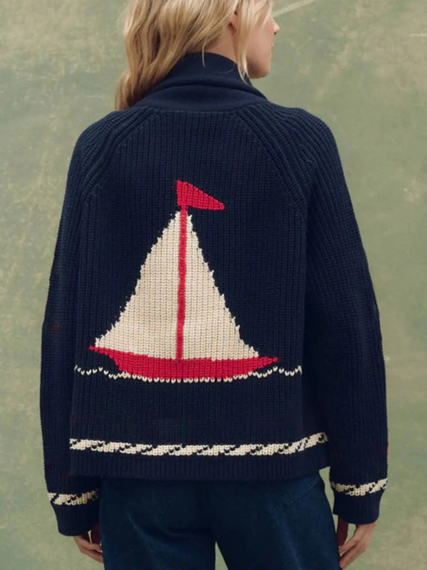 Ocean Sailboat Jacquard Shawl Cardigan