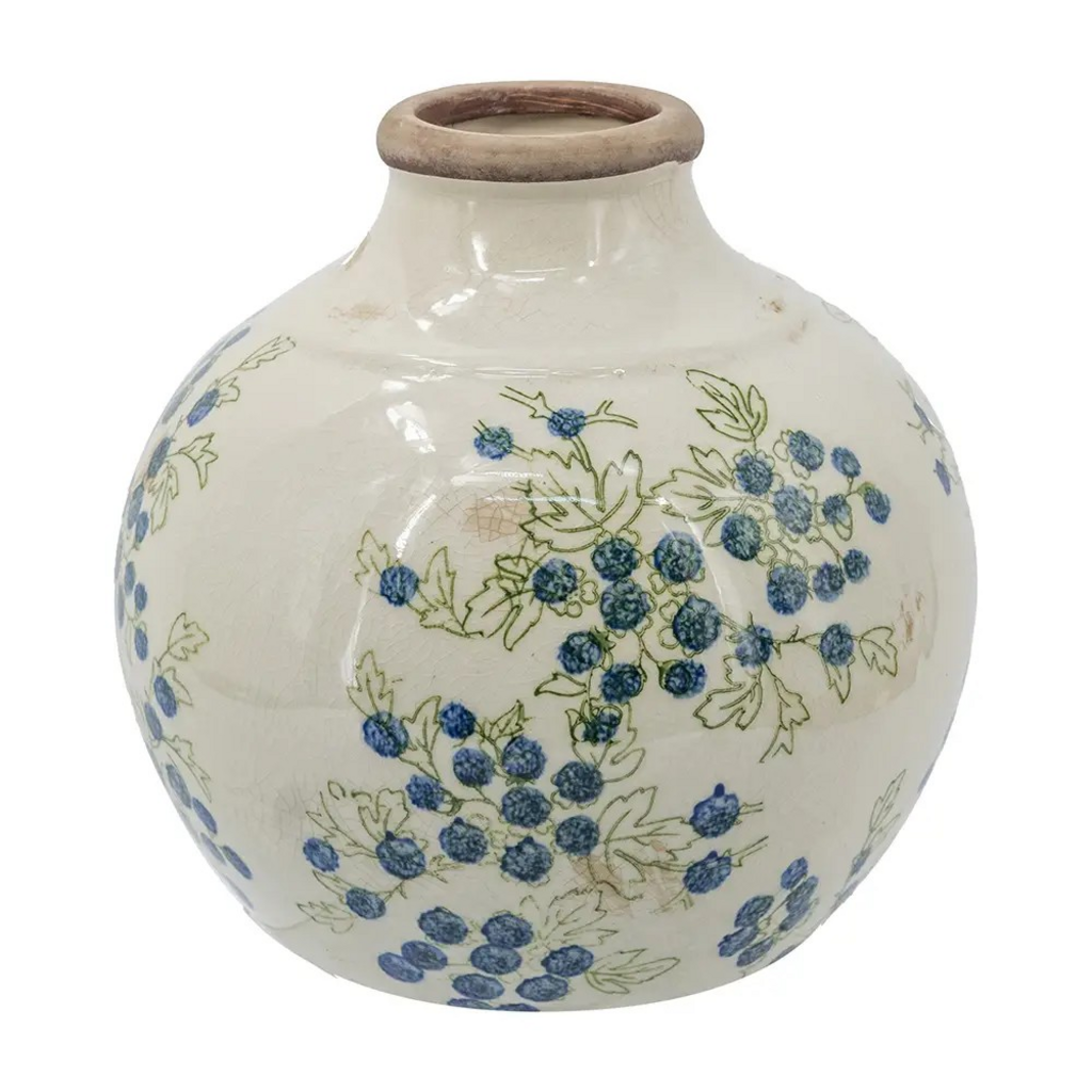 White Ceramic Vase with Blueberry Motif