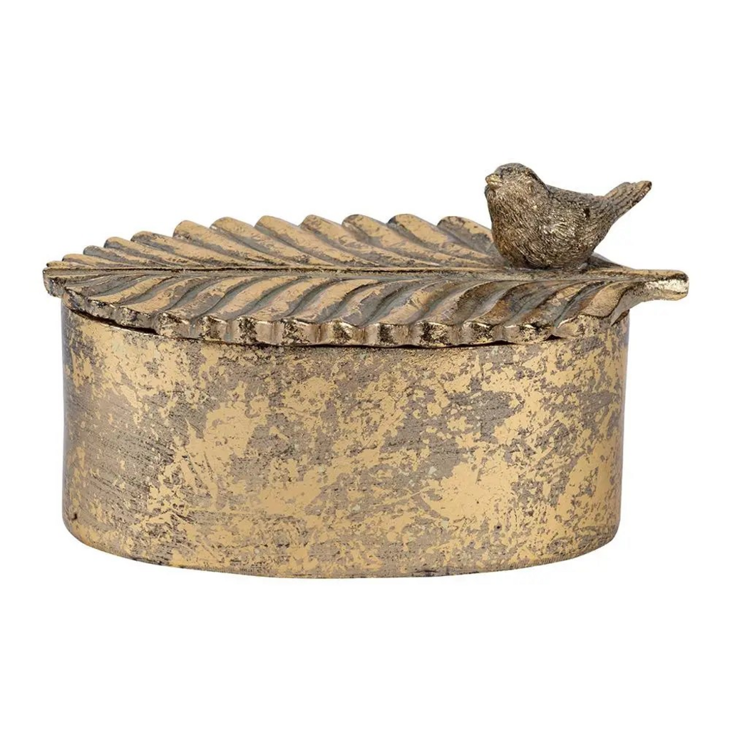 gold leaf trinket box with bird
