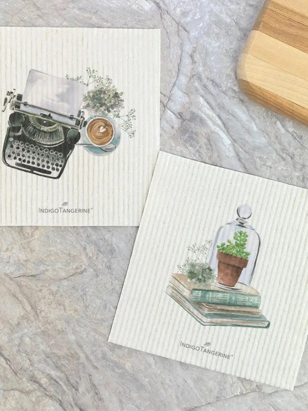 typewriter, terrarium Swedish dish cloth (set of 2)