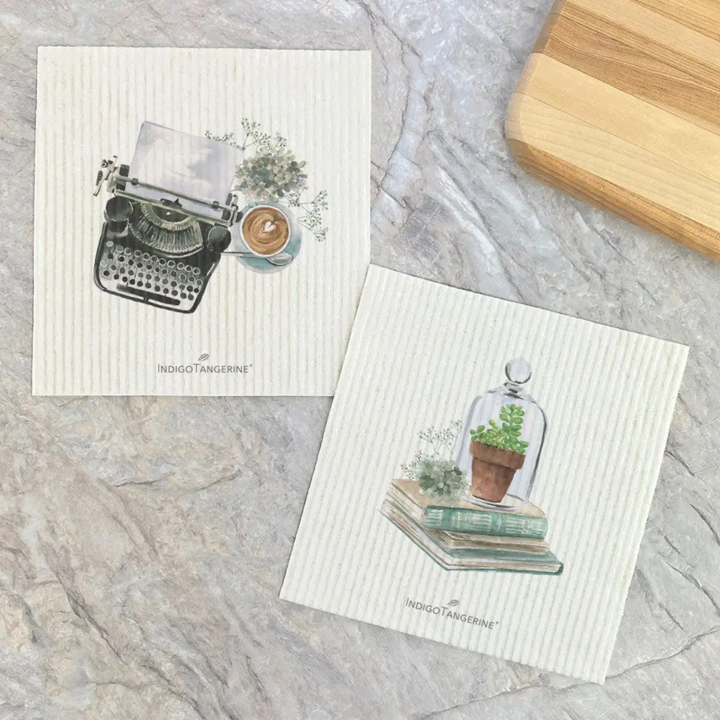 typewriter, terrarium Swedish dish cloth (set of 2)