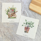 Wheelbarrow, clover fairy house Swedish dish cloth (set of 2)