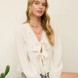 white floral eyelet embroidery front tie long sleeve top