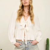 white floral eyelet embroidery front tie long sleeve top