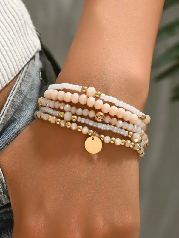 light pink multi beaded chain disc charm bracelet