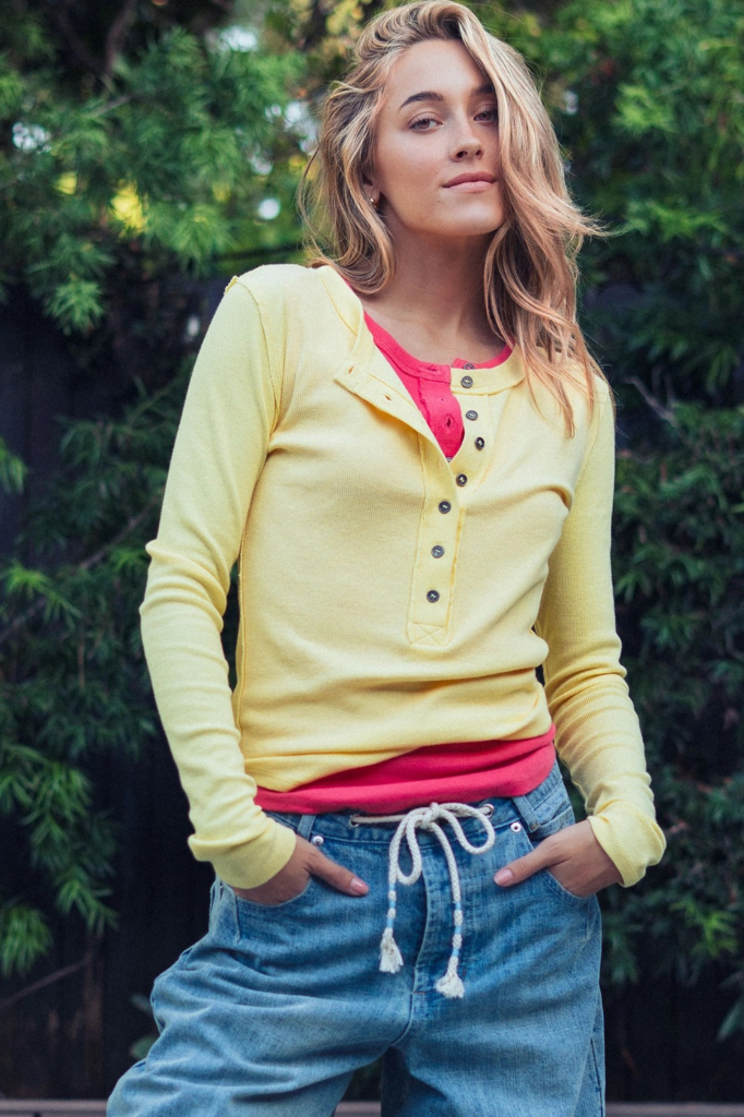 butter yellow ribbed henley long sleeve top
