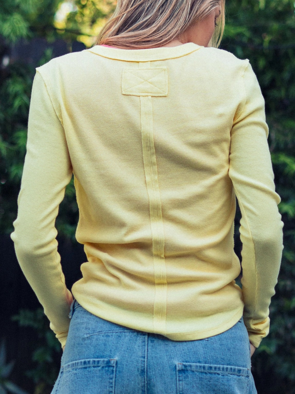 butter yellow ribbed henley long sleeve top