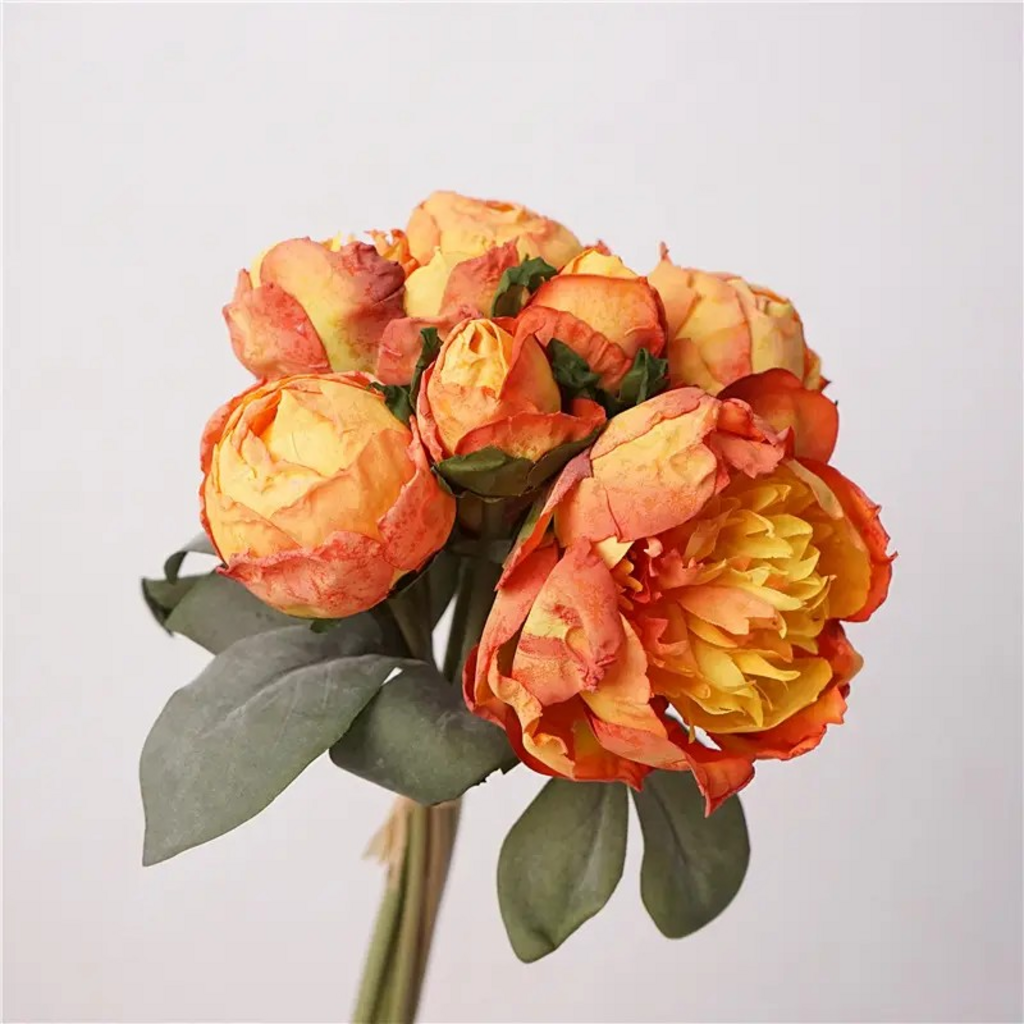 12" silk peony floral bouquet in orange