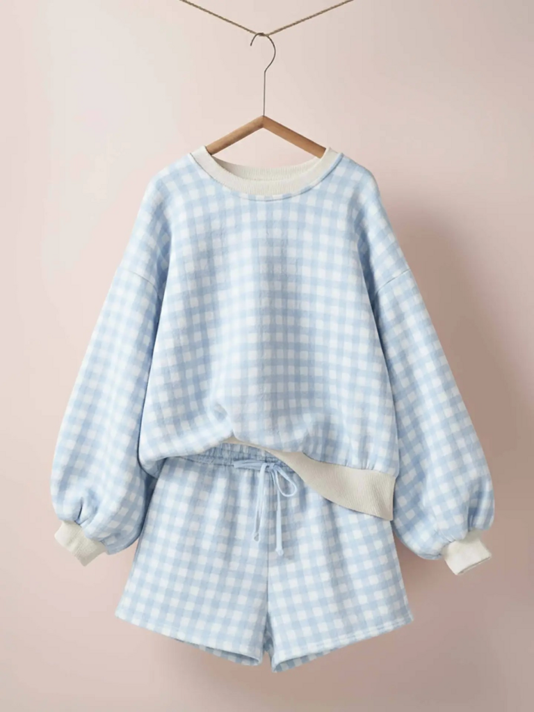 blue gingham fuzzy knit lounge set