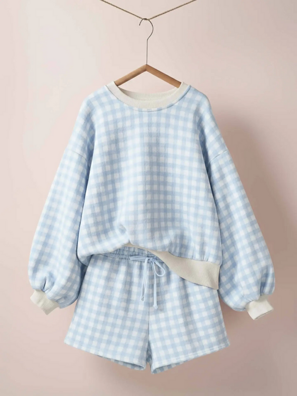 blue gingham fuzzy knit lounge set