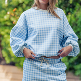 blue gingham fuzzy knit lounge set