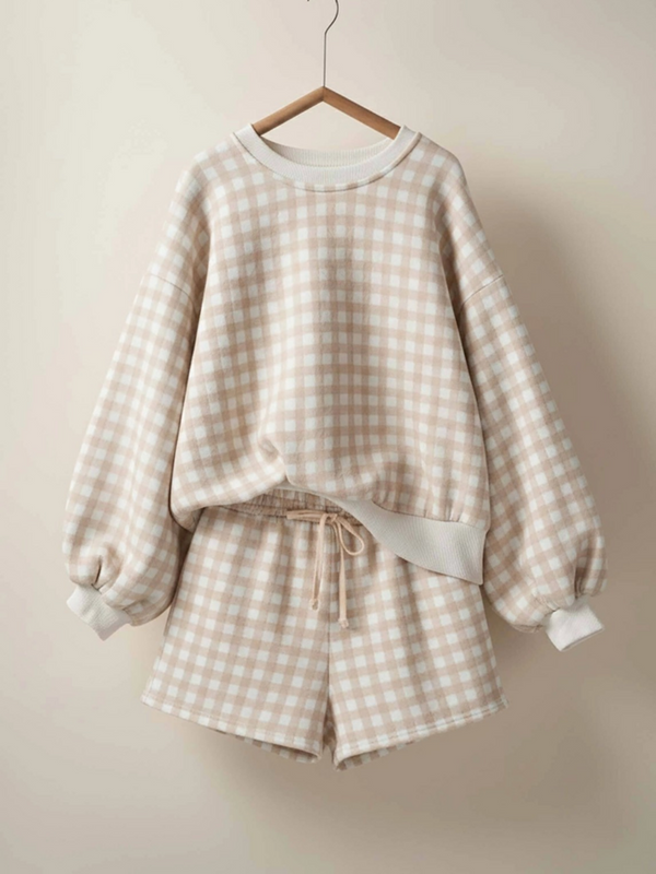 khaki gingham fuzzy knit lounge set