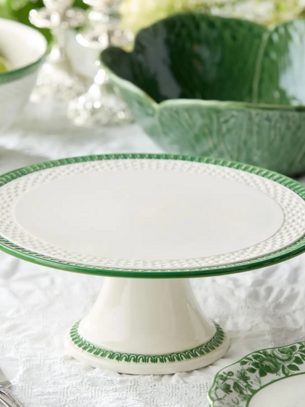 floral cake stand with green trim