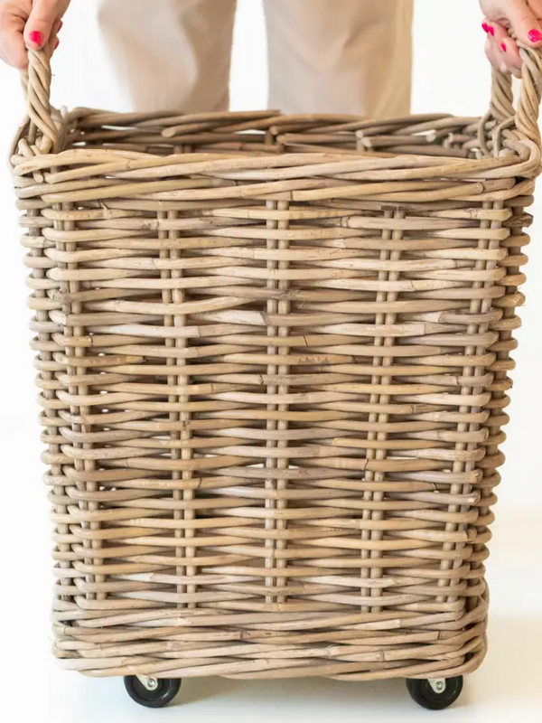 rattan square storage basket on wheels 19" high