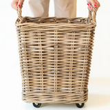 rattan square storage basket on wheels 19" high
